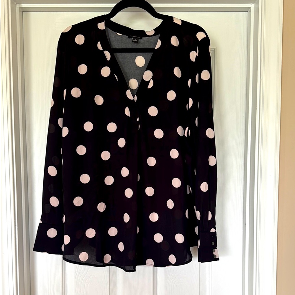 Ann Taylor Polka Dot V-Neck Blouse - Black and White
